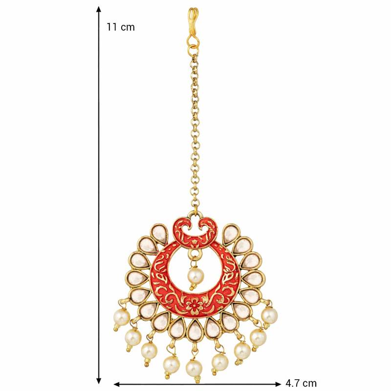 Gold Plated Kalank Inspired Kundan Pearl Meenakari Maang Tikka For Women (T2026R)