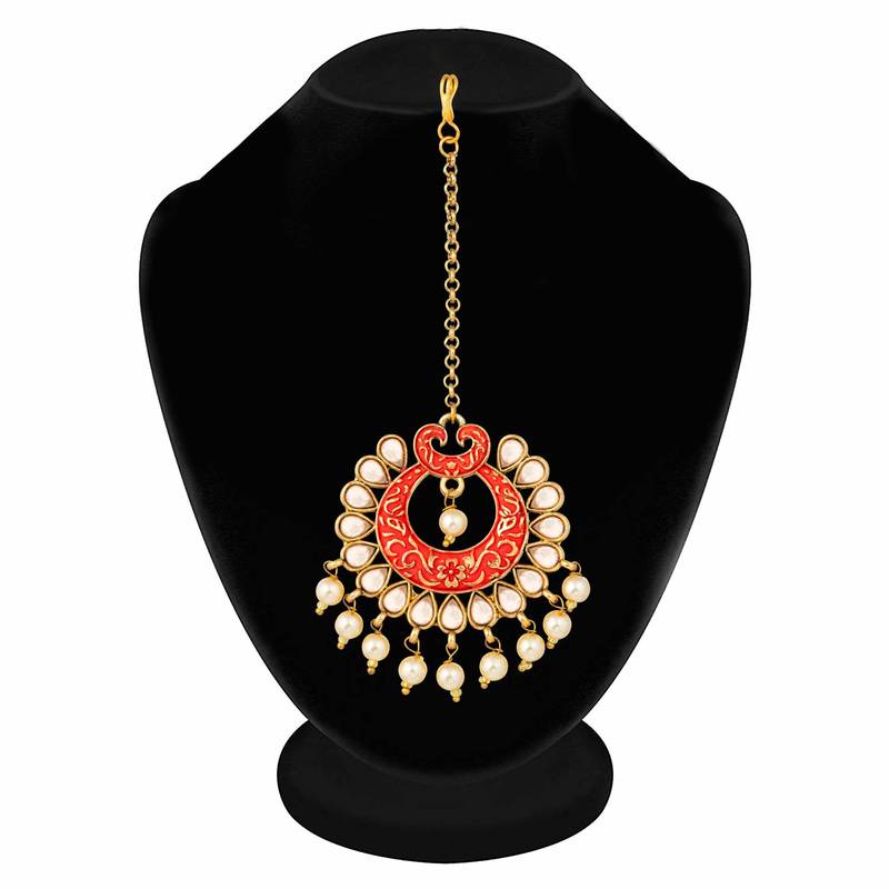 Gold Plated Kalank Inspired Kundan Pearl Meenakari Maang Tikka For Women (T2026R)