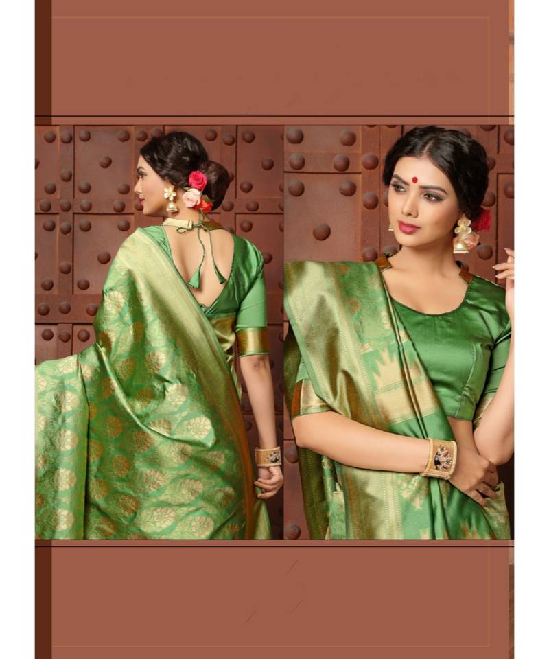 green woven art silk saree with blouse