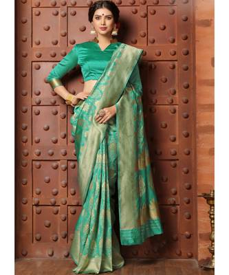 green woven art silk saree with blouse 1