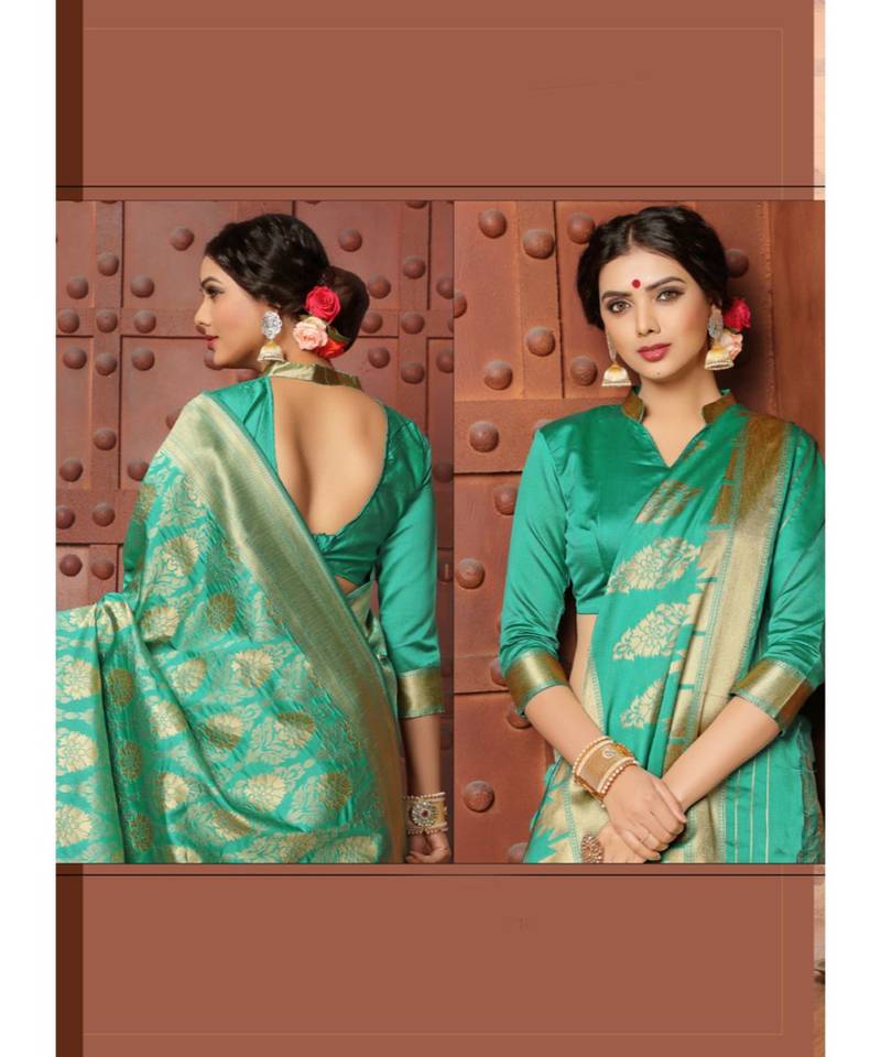 green woven art silk saree with blouse