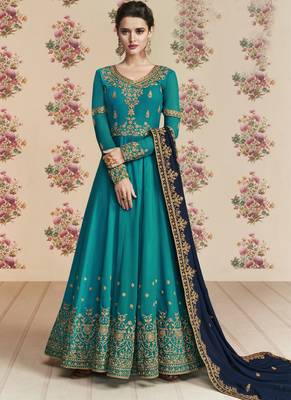 Blue Embroidered Silk Blend Semi Stitched Salwar With Dupatta 1