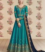 Blue Embroidered Silk Blend Semi Stitched Salwar With Dupatta