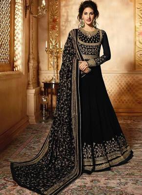 Black Embroidered Georgette Semi Stitched Anarkali With Dupatta 1