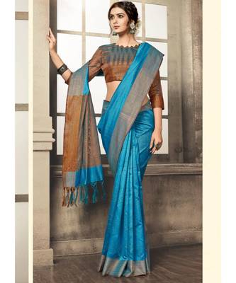 blue woven art silk saree with blouse 2
