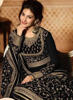 Black Embroidered Georgette Semi Stitched Anarkali With Dupatta 2