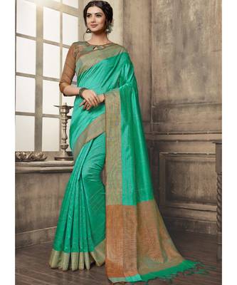 green woven art silk saree with blouse 1