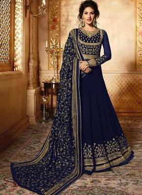 Blue Embroidered Georgette Semi Stitched Salwar With Dupatta 1