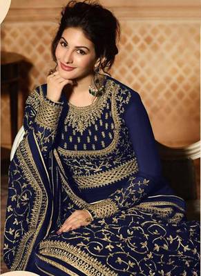 Blue Embroidered Georgette Semi Stitched Salwar With Dupatta 2