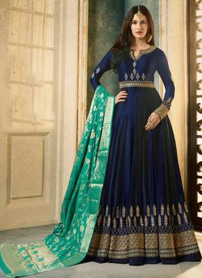 Blue Embroidered Satin Semi Stitched Salwar With Dupatta 1