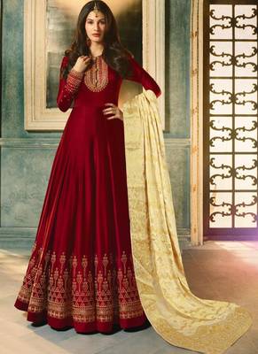 Maroon Embroidered Satin Semi Stitched Salwar With Dupatta 1