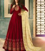 Maroon Embroidered Satin Semi Stitched Salwar With Dupatta