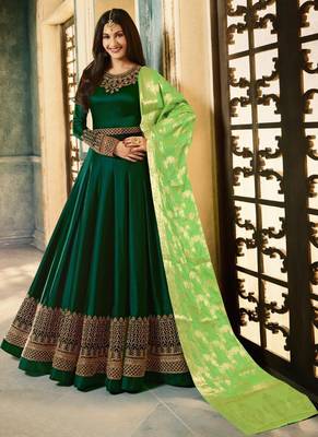 green embroidered satin semi stitched salwar with dupatta 1