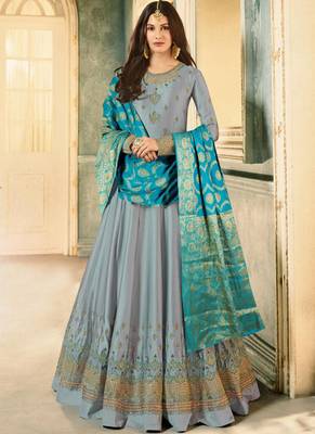 Grey Embroidered Satin Semi Stitched Salwar With Dupatta 1