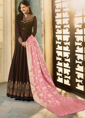Coffee Embroidered Satin Semi Stitched Salwar With Dupatta 1