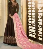 Coffee Embroidered Satin Semi Stitched Salwar With Dupatta