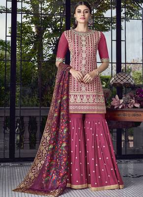 Magenta Embroidered Silk Blend Semi Stitched Salwar With Dupatta 1