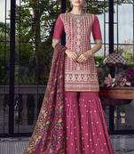 Magenta Embroidered Silk Blend Semi Stitched Salwar With Dupatta