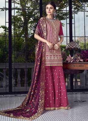 Magenta Embroidered Silk Blend Semi Stitched Salwar With Dupatta 2