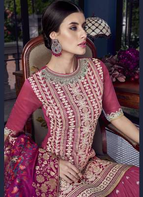 Magenta Embroidered Silk Blend Semi Stitched Salwar With Dupatta 3