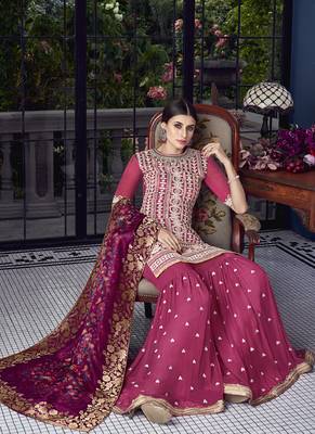 Magenta Embroidered Silk Blend Semi Stitched Salwar With Dupatta 4