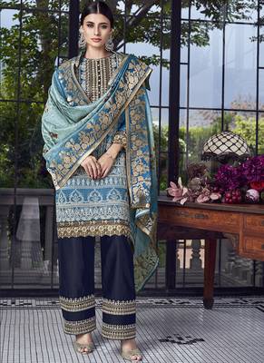 Blue Embroidered Silk Blend Semi Stitched Salwar With Dupatta 1