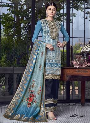 Blue Embroidered Silk Blend Semi Stitched Salwar With Dupatta 2