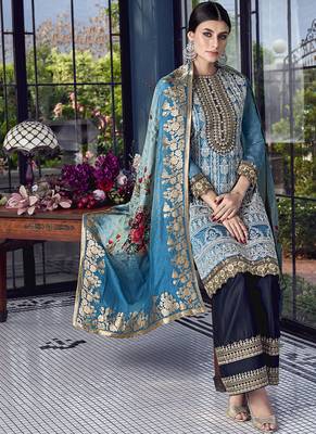 Blue Embroidered Silk Blend Semi Stitched Salwar With Dupatta 3