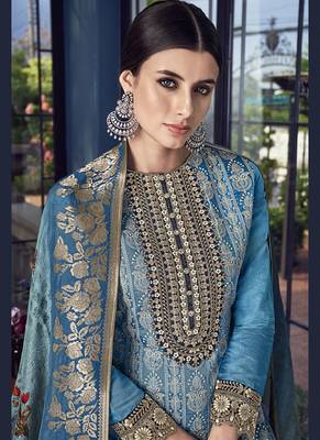 Blue Embroidered Silk Blend Semi Stitched Salwar With Dupatta 4