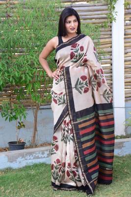 white floral print Handblock Chanderi Silk Saree 1