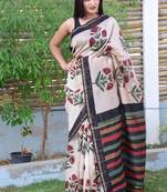 white floral print Handblock Chanderi Silk Saree