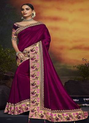   dark purple embroidered silk blend saree with blouse 1