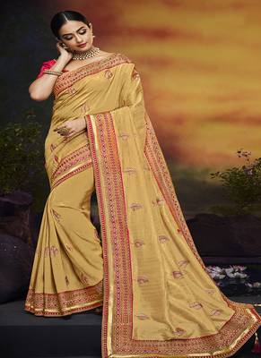 Mustard embroidered silk blend saree with blouse 1