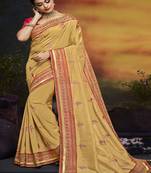 Mustard embroidered silk blend saree with blouse