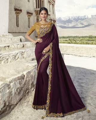 Wine Embroidered Silk Blend Saree With Blouse 1