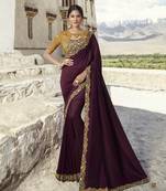 Wine Embroidered Silk Blend Saree With Blouse