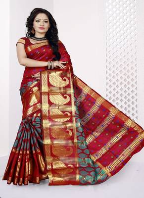 Red woven cotton silk blend saree with blouse 1