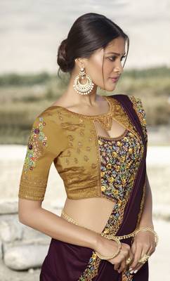 Wine Embroidered Silk Blend Saree With Blouse 2