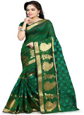   dark green woven cotton silk blend saree with blouse 1