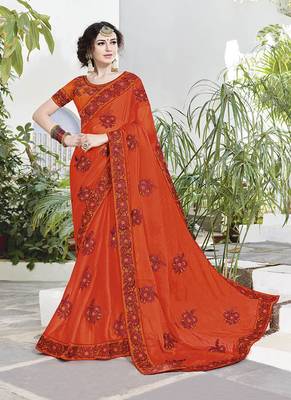 Orange Embroidered Satin Saree With Blouse 1