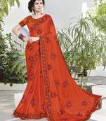 Orange Embroidered Satin Saree With Blouse
