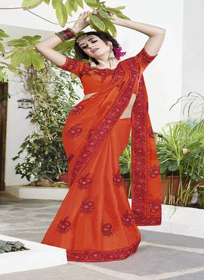 Orange Embroidered Satin Saree With Blouse 2