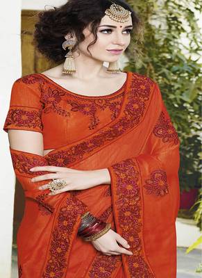 Orange Embroidered Satin Saree With Blouse 3