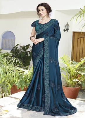 Teal embroidered satin saree with blouse 1