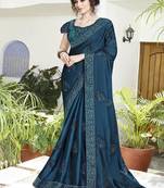 Teal embroidered satin saree with blouse