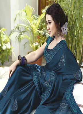 Teal embroidered satin saree with blouse 2