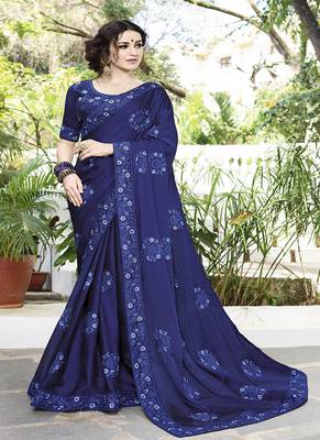 Royal Blue Embroidered Satin Saree With Blouse 1