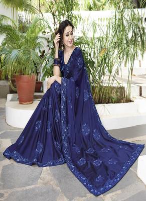 Royal Blue Embroidered Satin Saree With Blouse 2