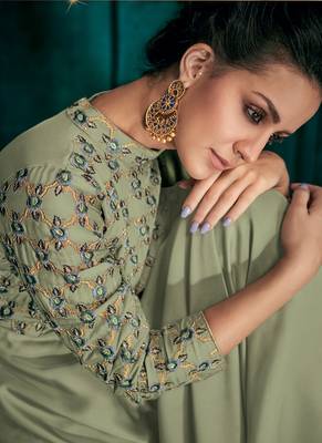 Light-Olive Embroidered Silk Salwar 2