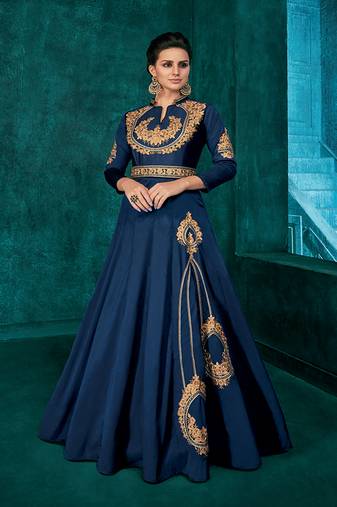 Navy-Blue Embroidered Silk Salwar